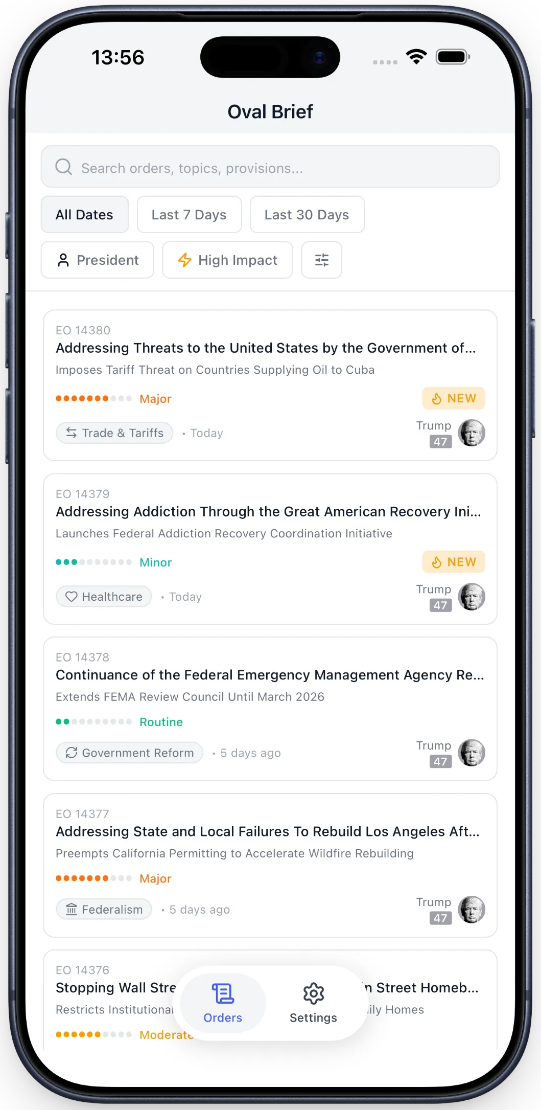 Oval Brief app browse screen